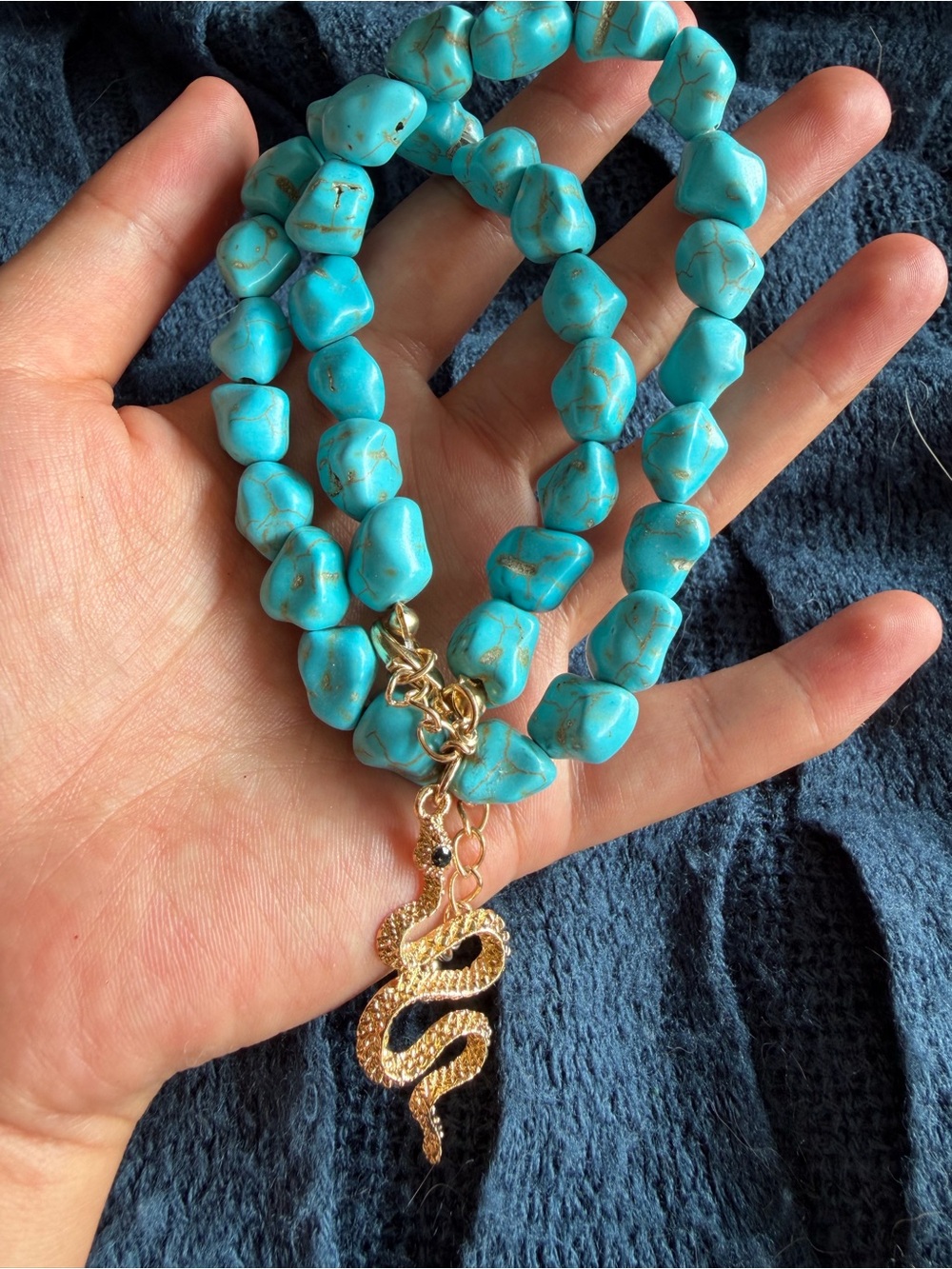 Turquoise Beaded Necklace with Gold Snake Charm